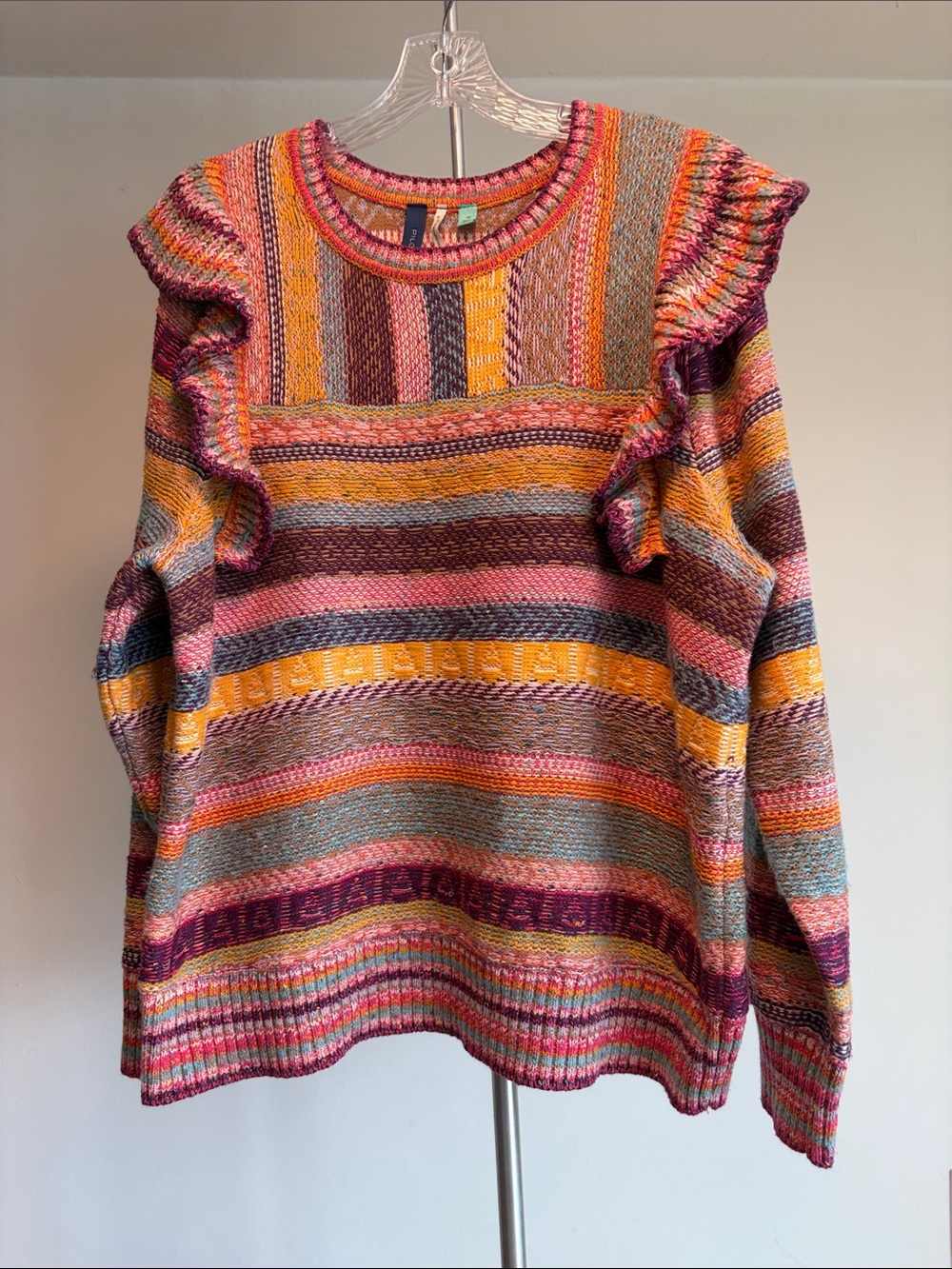 Pilcro Striped Ruffle-Shoulder Crewneck Sweater in Pink, Blue & Yellow 2X - Picture 8 of 11